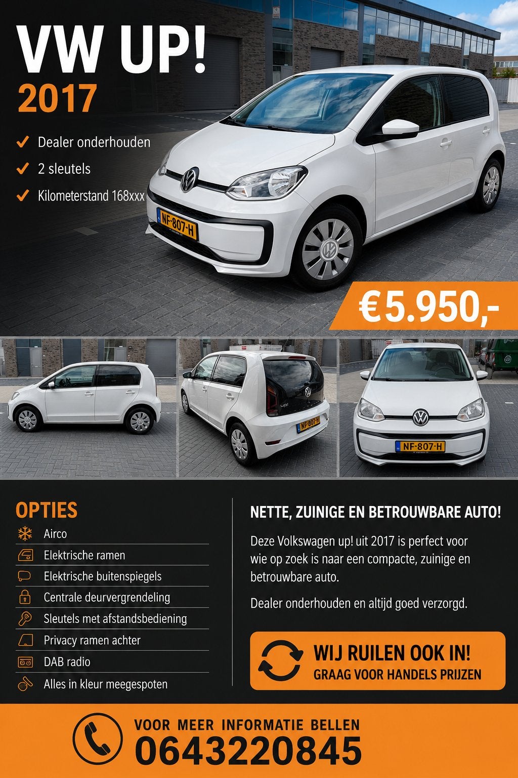 Volkswagen up! 1.0 44KW 5-DRS 2017 Wit NL Auto, Auto's, Voorwielaandrijving, Dealer onderhouden, Stof, Wit