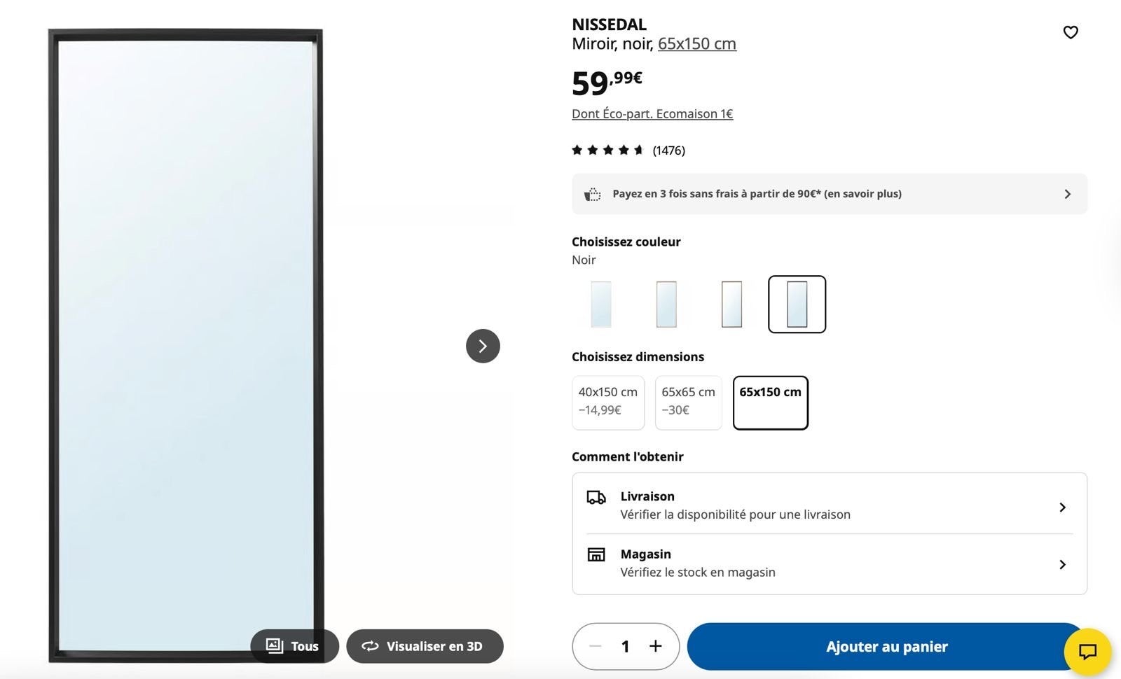 Nieuwe IKEA NISSEDAL spiegel, 65x150 cm, zwart, Ophalen, 100 tot 150 cm, Nieuw, Rechthoekig