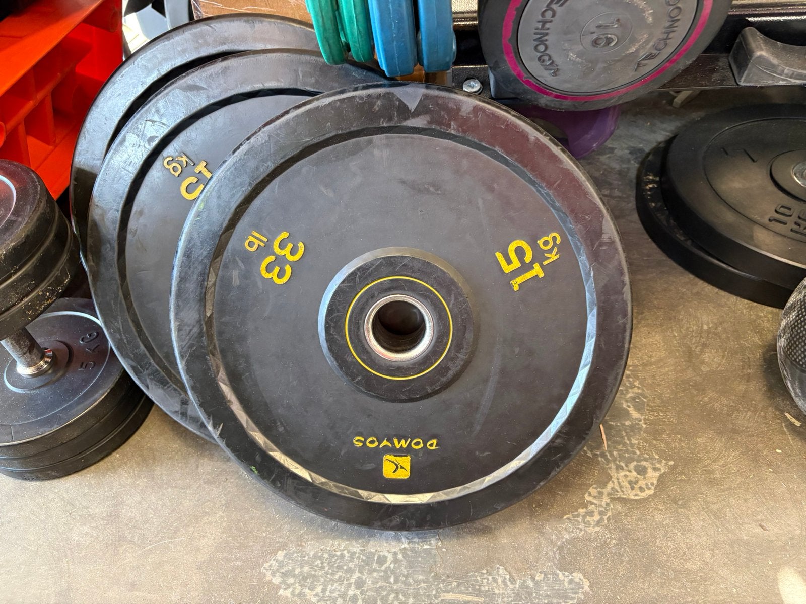 4 x 15 kg bumperplates olympische halter schijven 50 mm, Ophalen, Halterschijven, 4 x 15 kg, Gebruikt