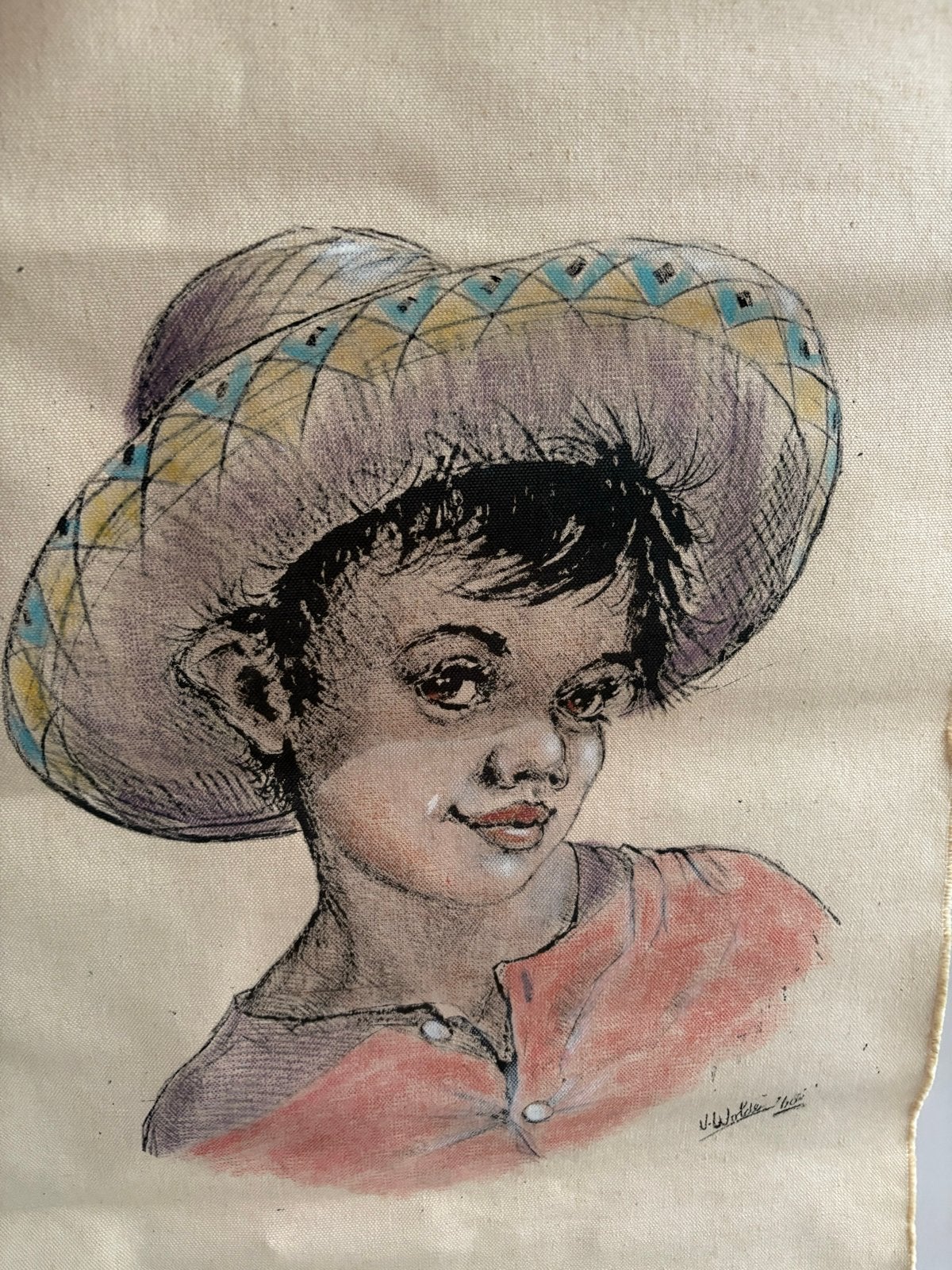 Vintage tekening jongen met sombrero - gesigneerd, Ophalen of Verzenden, Tekening, Overige technieken, Gesigneerd