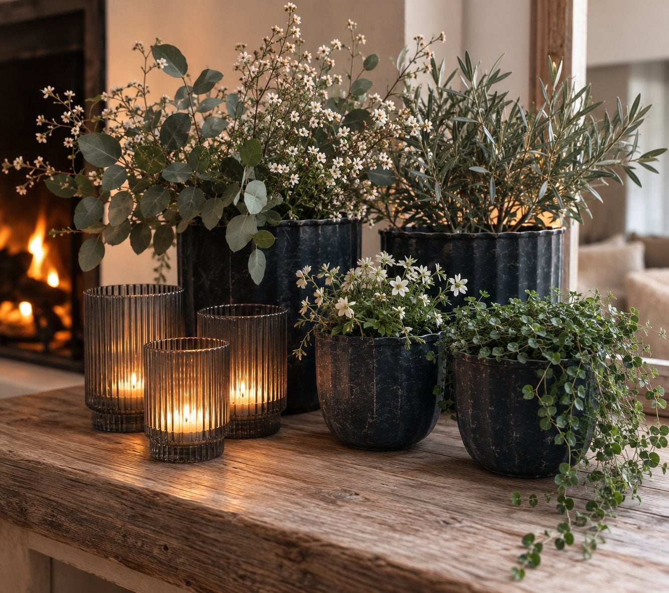 7-delige set: bloempotten en windlichten, Ophalen, Metaal, Grijs, Landelijk
