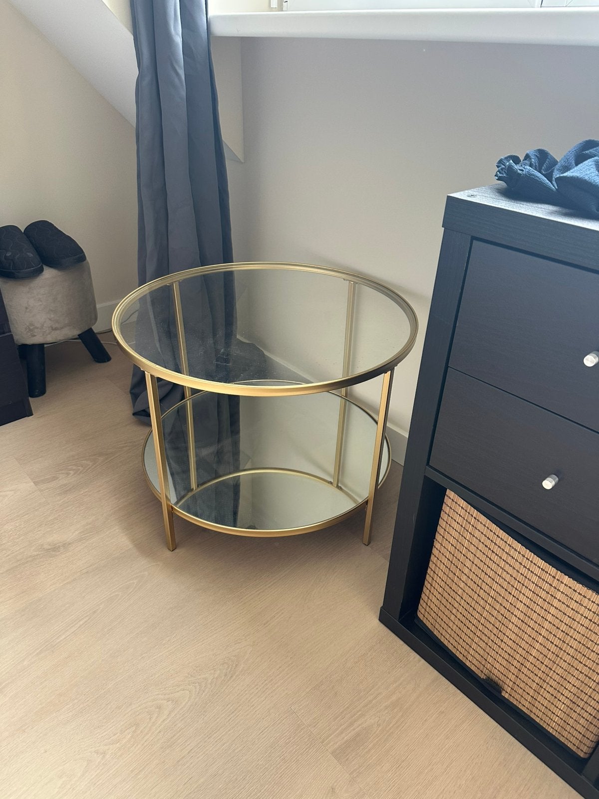 Salontafel - Goud staal en veiligheidsglas, Ophalen, Minder dan 55 cm, Metaal of Aluminium, Rond
