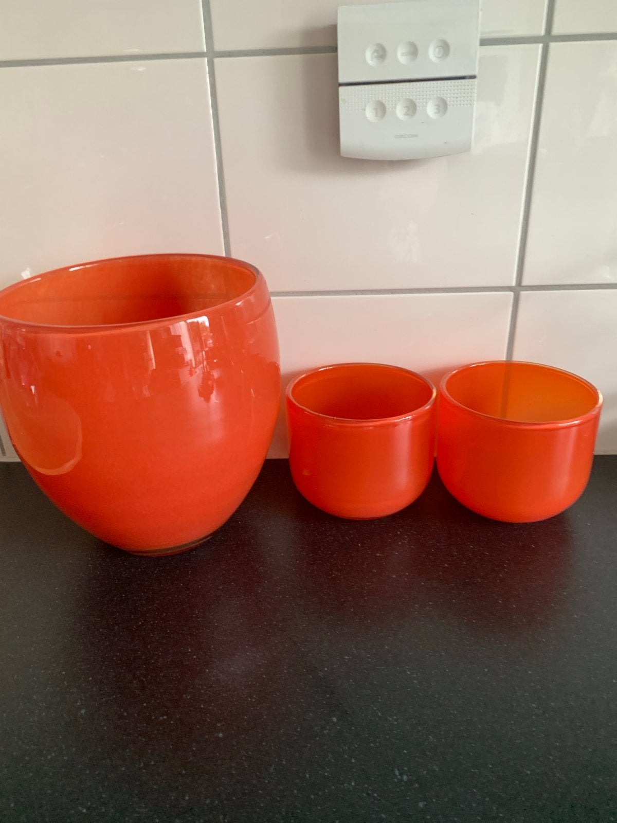 Oranje glazen vazen/potten set van 3 voor €15, Ophalen, Zo goed als nieuw, Oranje, Glas