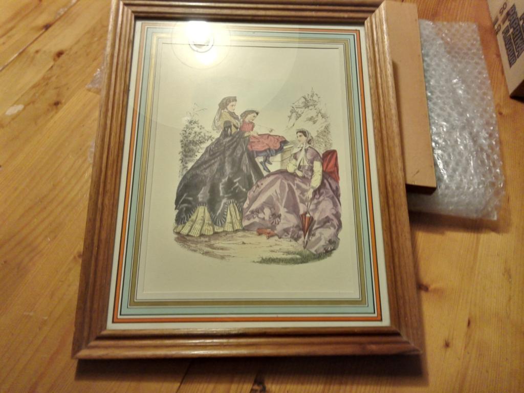 Vintage ingelijste prent: Dames en kind in park, Ophalen of Verzenden