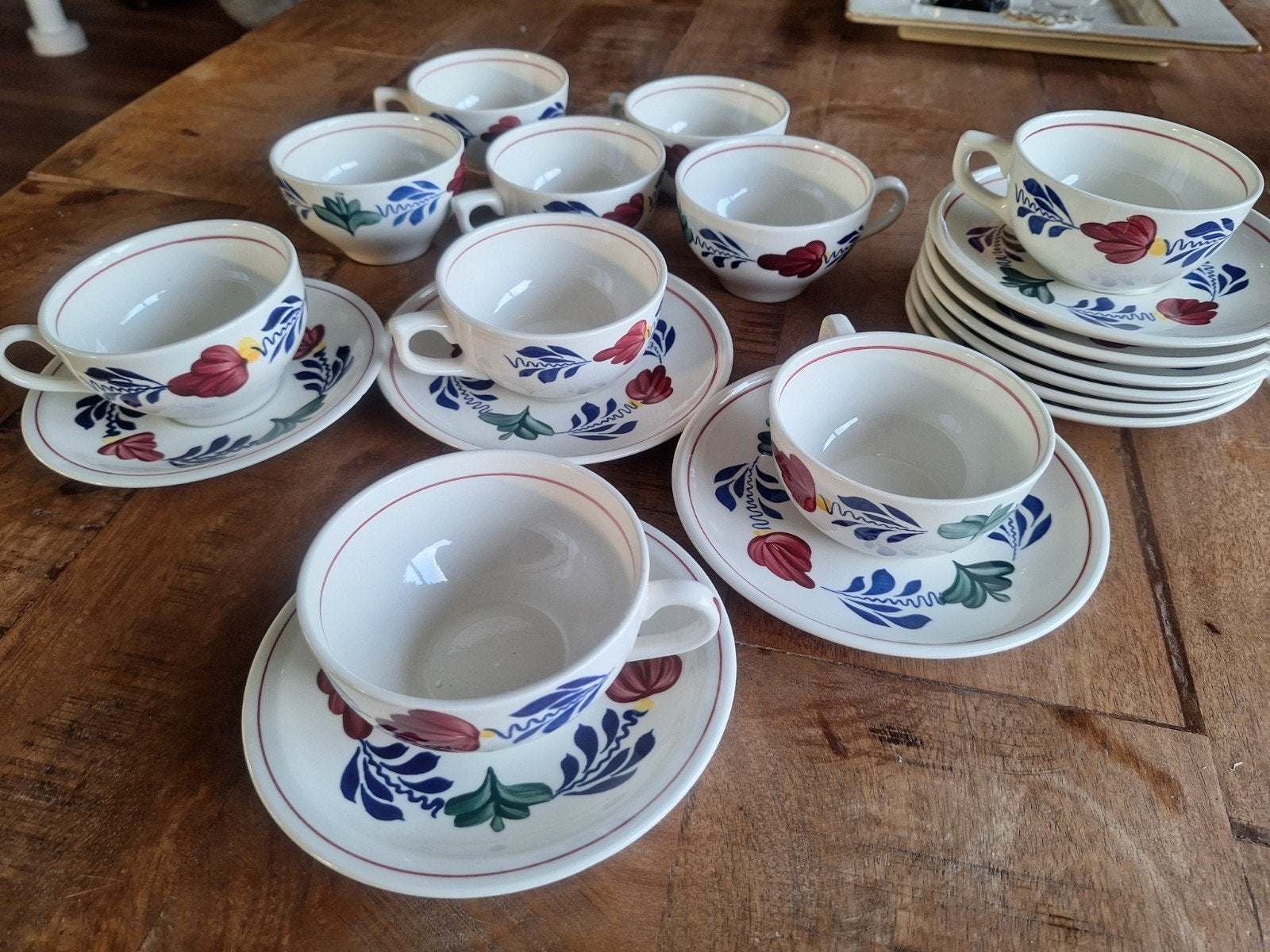 Set van 10 boerenbont boch koffie/theekopjes met schotels, Ophalen of Verzenden