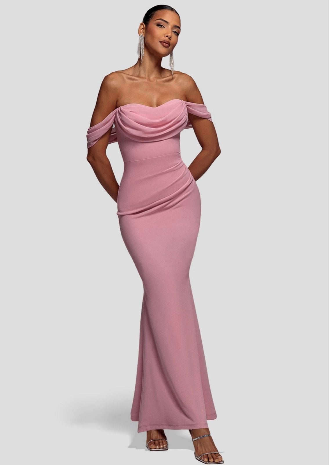 Elegante Roze Off-Shoulder Galajurk, Kleding | Dames, Jurken, Zo goed als nieuw, Maat 36 (S), Roze, Onder de knie, Ophalen of Verzenden