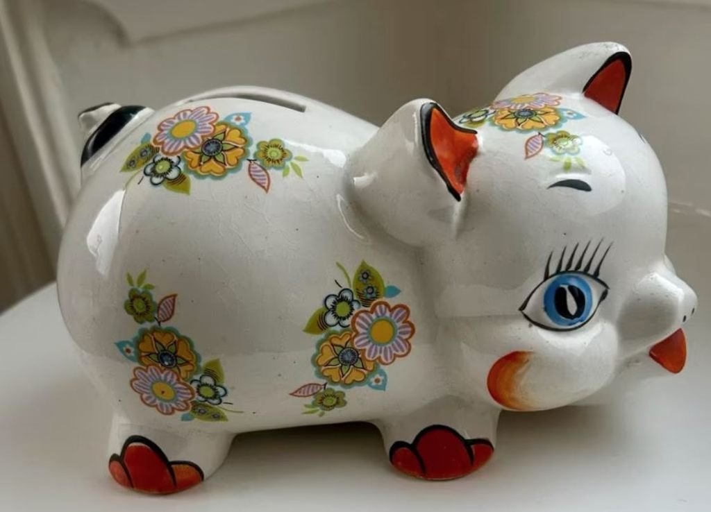 Vintage stijl, spaarvarken, prachtig beschilderd, Verzamelen, Spaarpotten, Ophalen of Verzenden, Zo goed als nieuw, Steen, Aardewerk of Keramiek