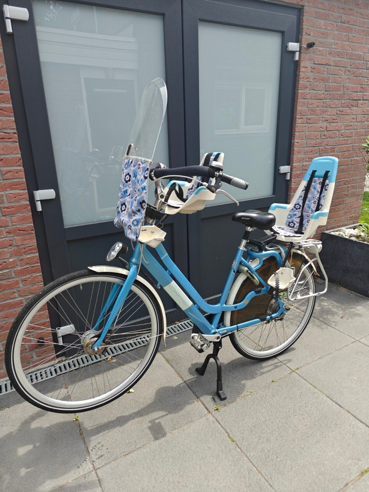 Sparta amazone moederfiets/fiets blauw Bobike fietsstoeltjes, Ophalen, 2 zitjes, Sparta, Gebruikt