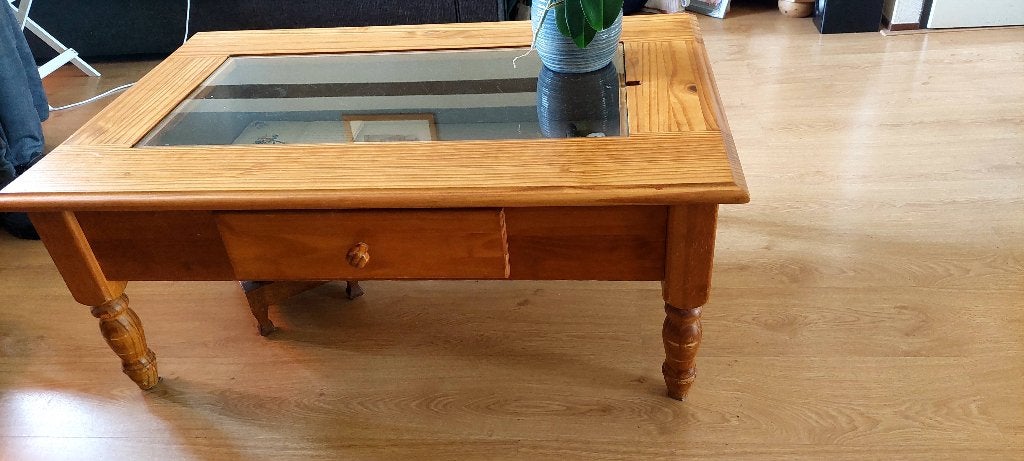 Bijzettafel, oud grenen met glasplaat, Ophalen, Minder dan 50 cm, Gebruikt, 100 tot 150 cm
