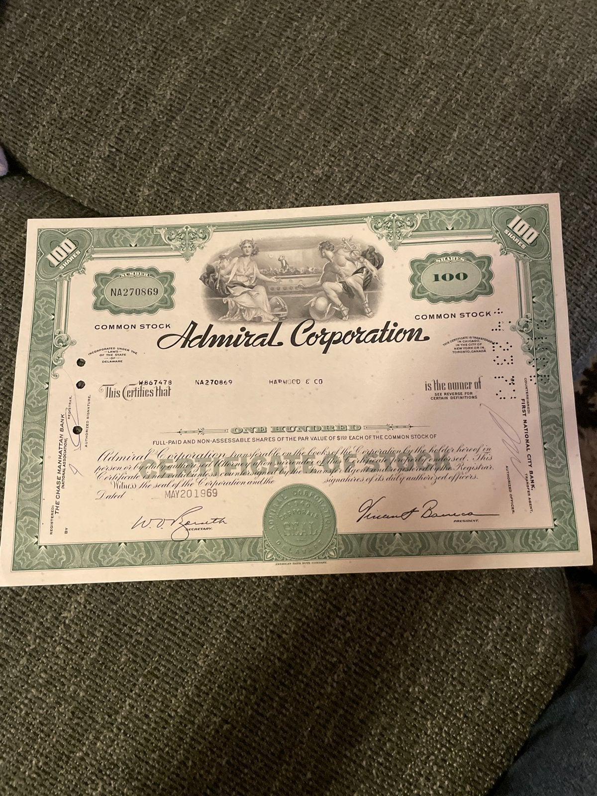 Oud aandeel Admiral Corporation - 100 aandelen, Ophalen of Verzenden, 1950 tot 1970, Aandeel