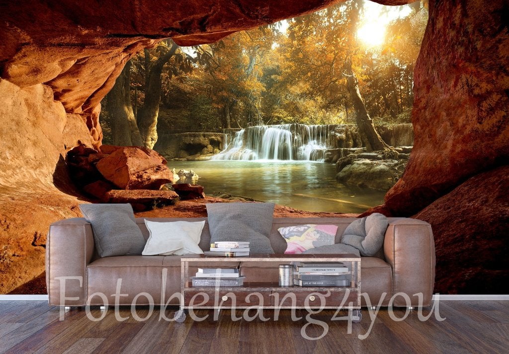 Grot Bos fotobehang 3D, Waterval in bos *Fotobehang4you, Verzenden, Fotobehang, 5 tot 10 m², Natuurlijk