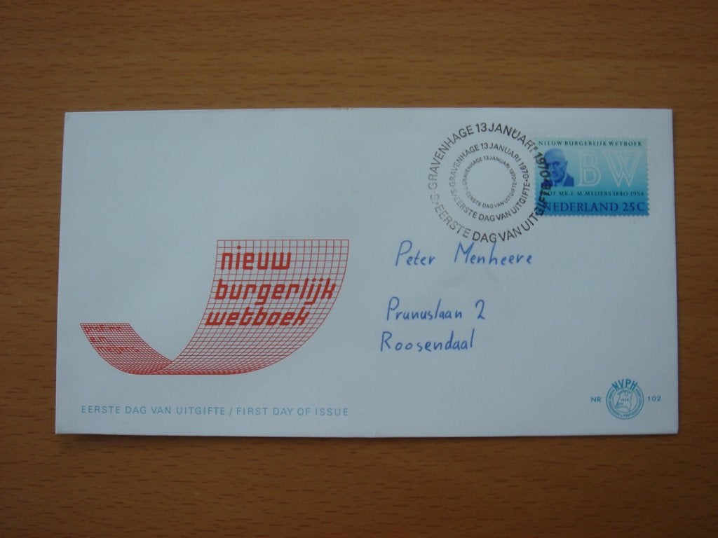 NVPH E102 1e Dag-enveloppe Burgerlijk Wetboek 1969 , Ophalen of Verzenden, Beschreven, Nederland