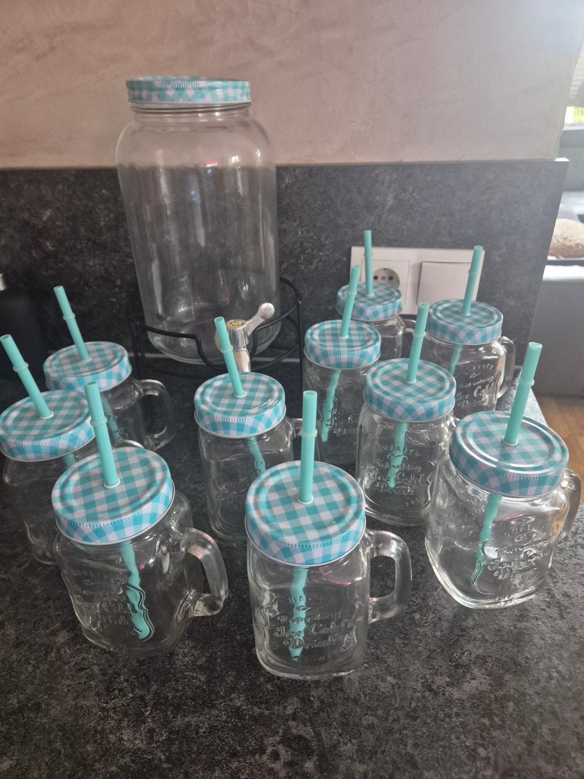 Drankdispenser met glazen (Mason Jar), Huis en Inrichting, Keuken | Keukenbenodigdheden, Ophalen of Verzenden, Zo goed als nieuw