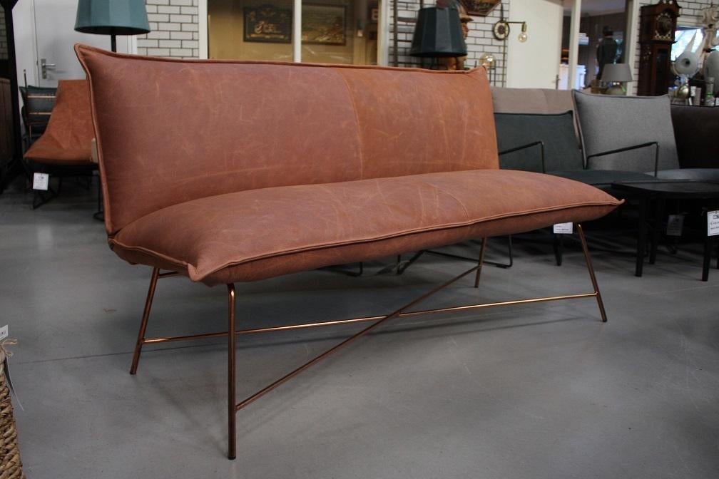 Luxe eetkamerbank Vidar Jess design metaal leer cognac koper, Ophalen, Bruin, Zo goed als nieuw, Vijf, Zes of meer stoelen