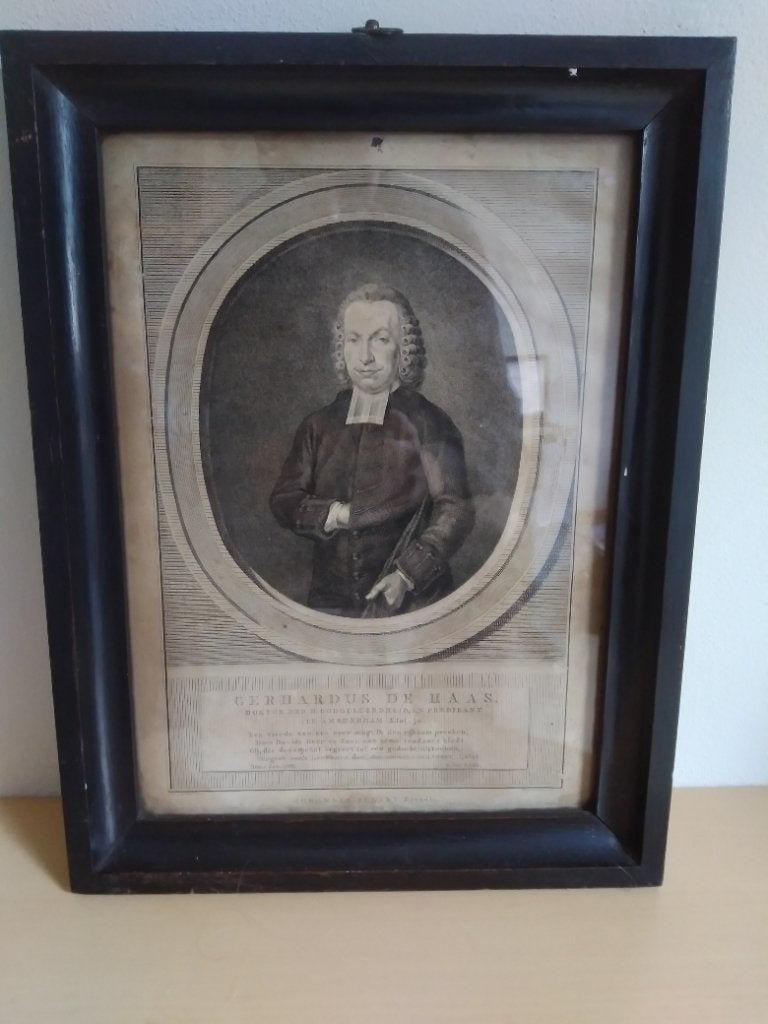 Oude prent 1750-1850 van een dominee, Antiek en Kunst, Portret of Personen, Oud hollands, Overige technieken, Achter glas