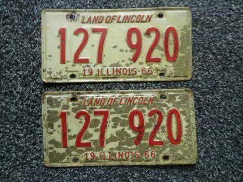 Paar USA License plate / kentekenplaten Illinois 1966 USA, Verzenden, Gebruikt, Auto's
