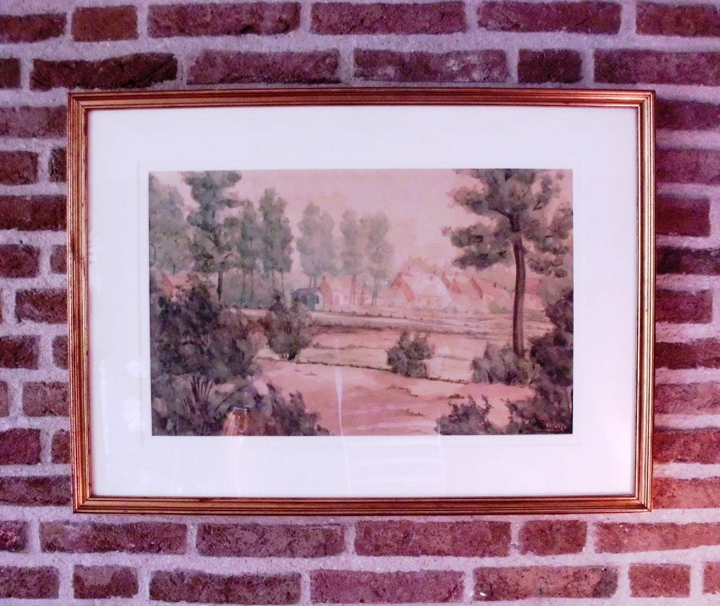 Aquarel , dorp ,  aan de achtergrond  ., Antiek en Kunst, Realistisch, Gesigneerd, Ophalen of Verzenden, Aquarel