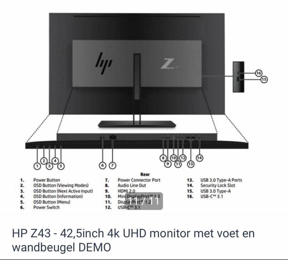 HP Z43 42,5 inch 4K UHD monitor, Ophalen, IPS, In hoogte verstelbaar, DisplayPort