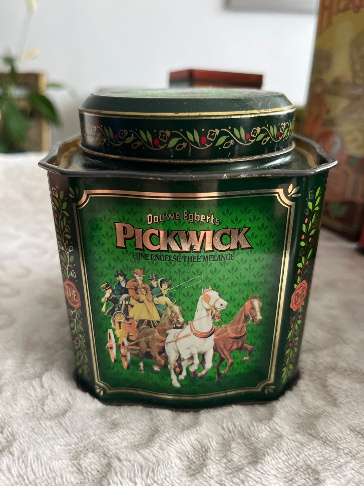 Vintage Douwe Egberts Pickwick theeblik - Groen, Ophalen of Verzenden, Gebruikt, Thee, Pickwick