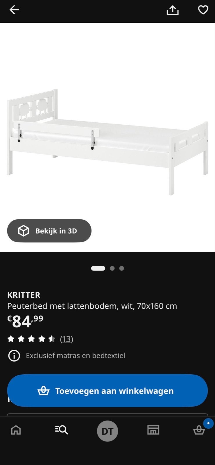 IKEA Kritter peuterbed met lattenbodem, wit, 70x160 cm, Ophalen, Gebruikt, Wit, 190 cm of minder