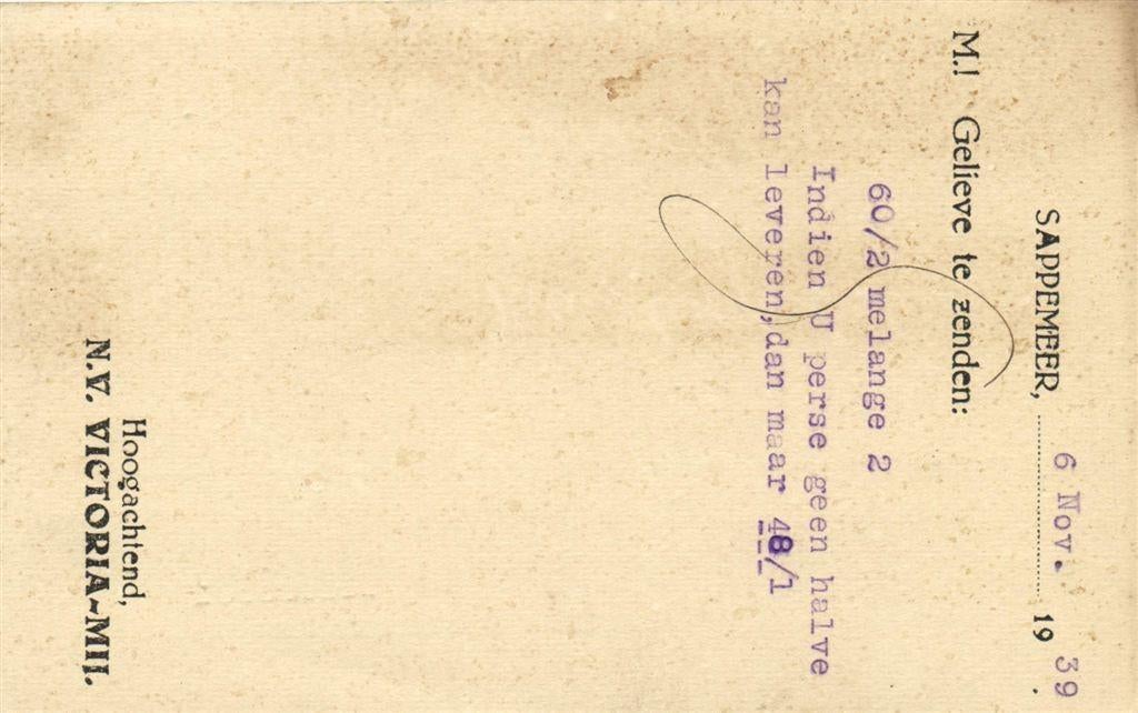 NV Victoria-Mij., Sappemeer - 11.1939 - briefkaart, Ophalen of Verzenden, Briefkaart