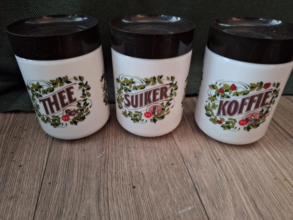 Vintage DE Thee, Suiker, Koffie Voorraadpotten Set, Antiek en Kunst, Ophalen