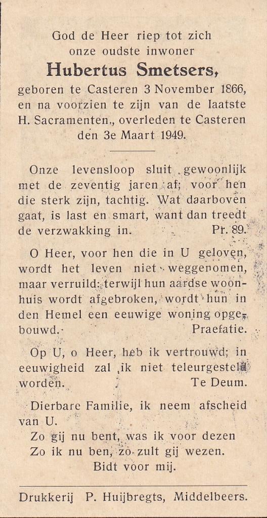 Smetsers Hubertus 1866 Casteren 1949, Ophalen of Verzenden, Bidprentje