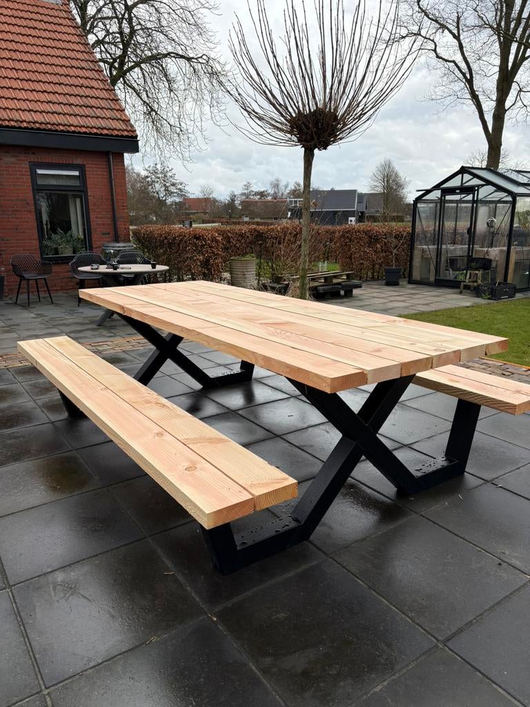 Picknicktafel met stalen X-poot, Tuin en Terras, Picknicktafels, Verzenden, Zo goed als nieuw, Rechthoekig