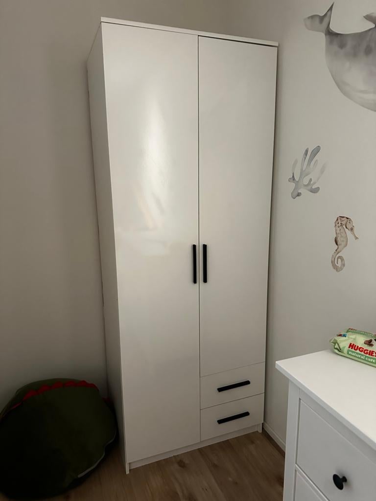 Witte kledingkast met hanggedeelte, planken en lades, Huis en Inrichting, Kasten | Kledingkasten, Ophalen, 200 cm of meer, 50 tot 100 cm