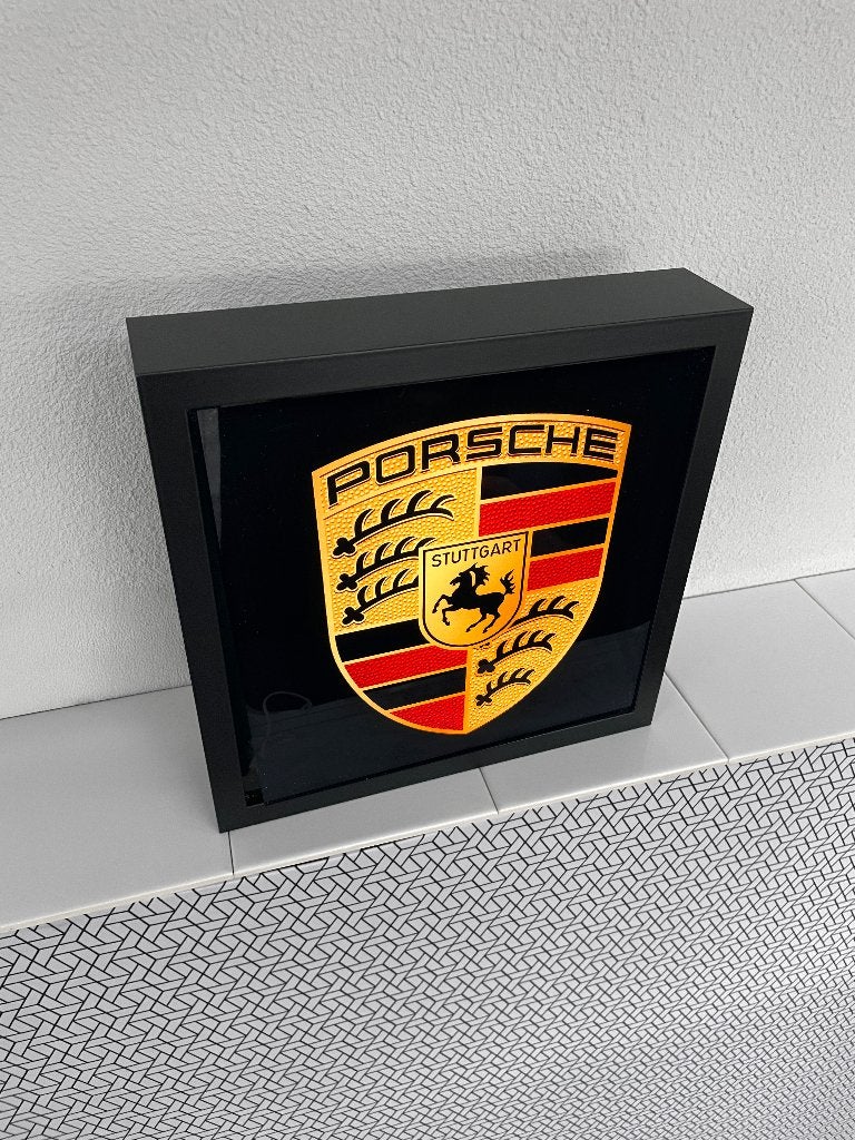 Lichtbak Porsche logo embleem reclamebord, 25x25cm, verlicht, Verzamelen, Ophalen of Verzenden, Nieuw, Lichtbak of (neon) lamp