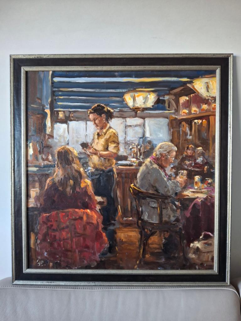 Olieverf  " Eetcafé " Gijs Kos  (1952 ), Antiek en Kunst, Kunst | Schilderijen | Klassiek, Ophalen of Verzenden
