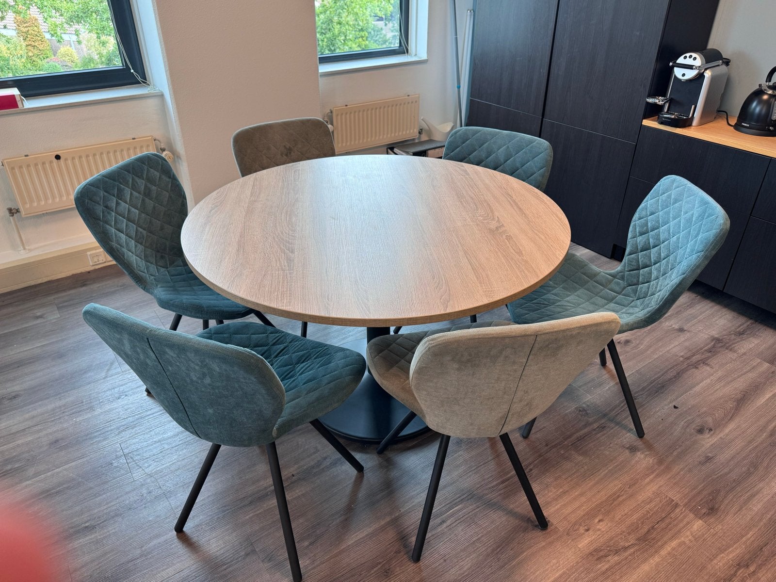 Moderne ronde eettafel met 6 stoelen, Ophalen, Gebruikt, 100 tot 150 cm, Rond