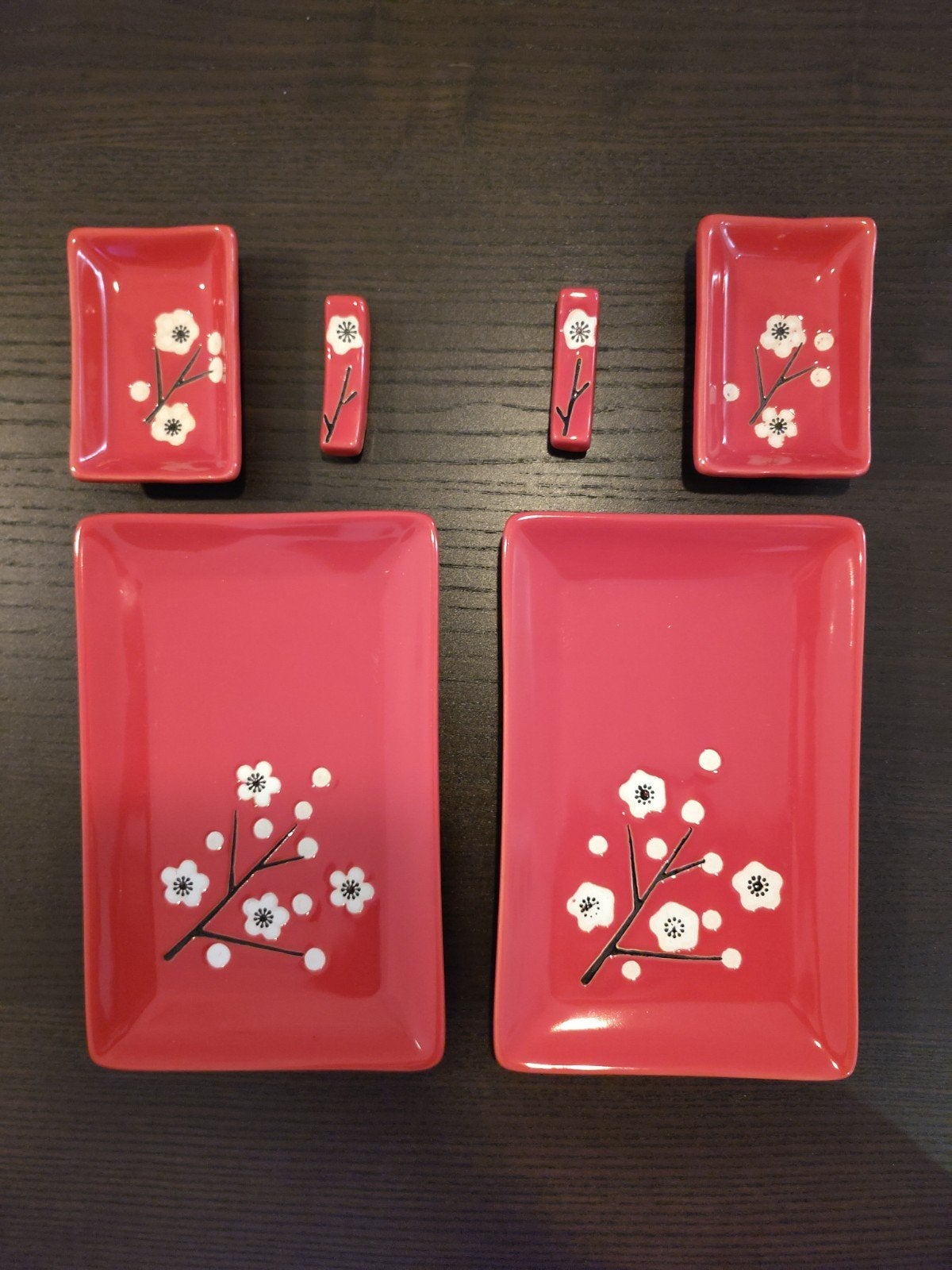 Rode sushi set voor 2 personen – 6-delig keramiek servies, Ophalen, Keramiek, Zo goed als nieuw, Overige stijlen