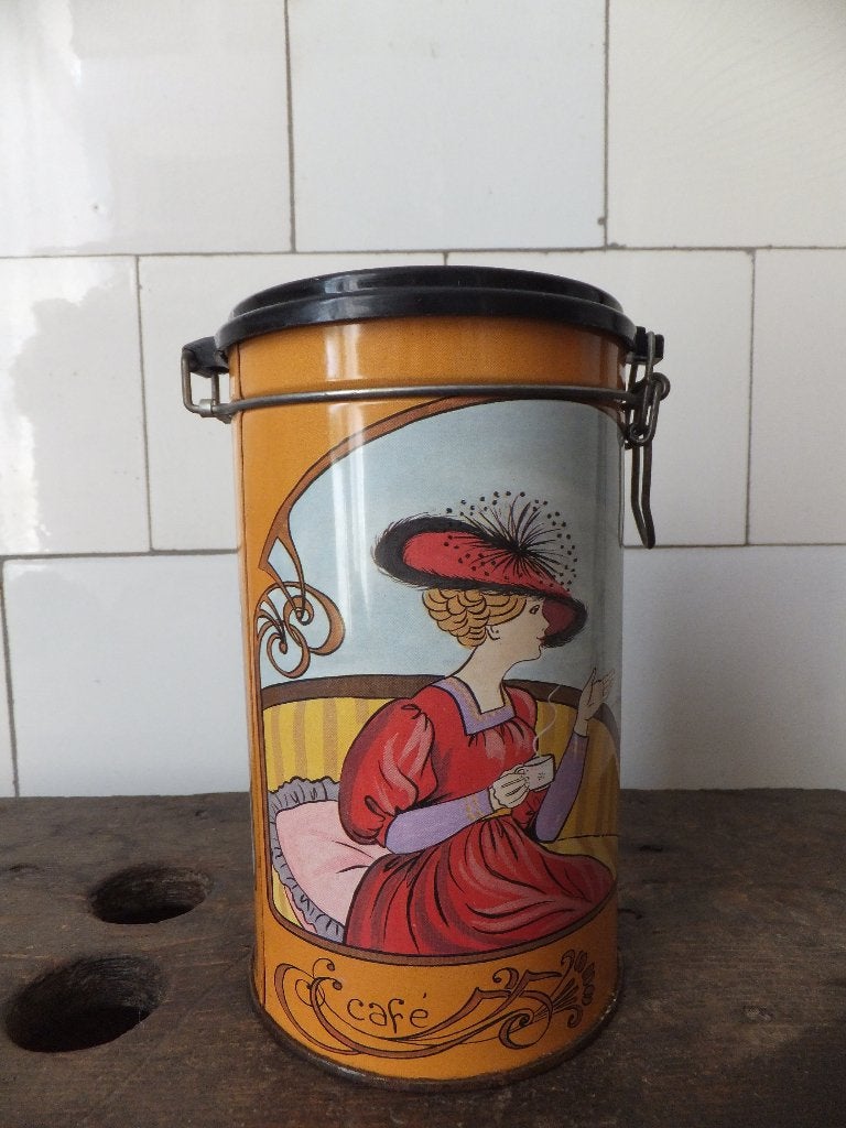 vintage art nouveau blik voor koffie of thee even bijkletsen, Antiek en Kunst, Ophalen