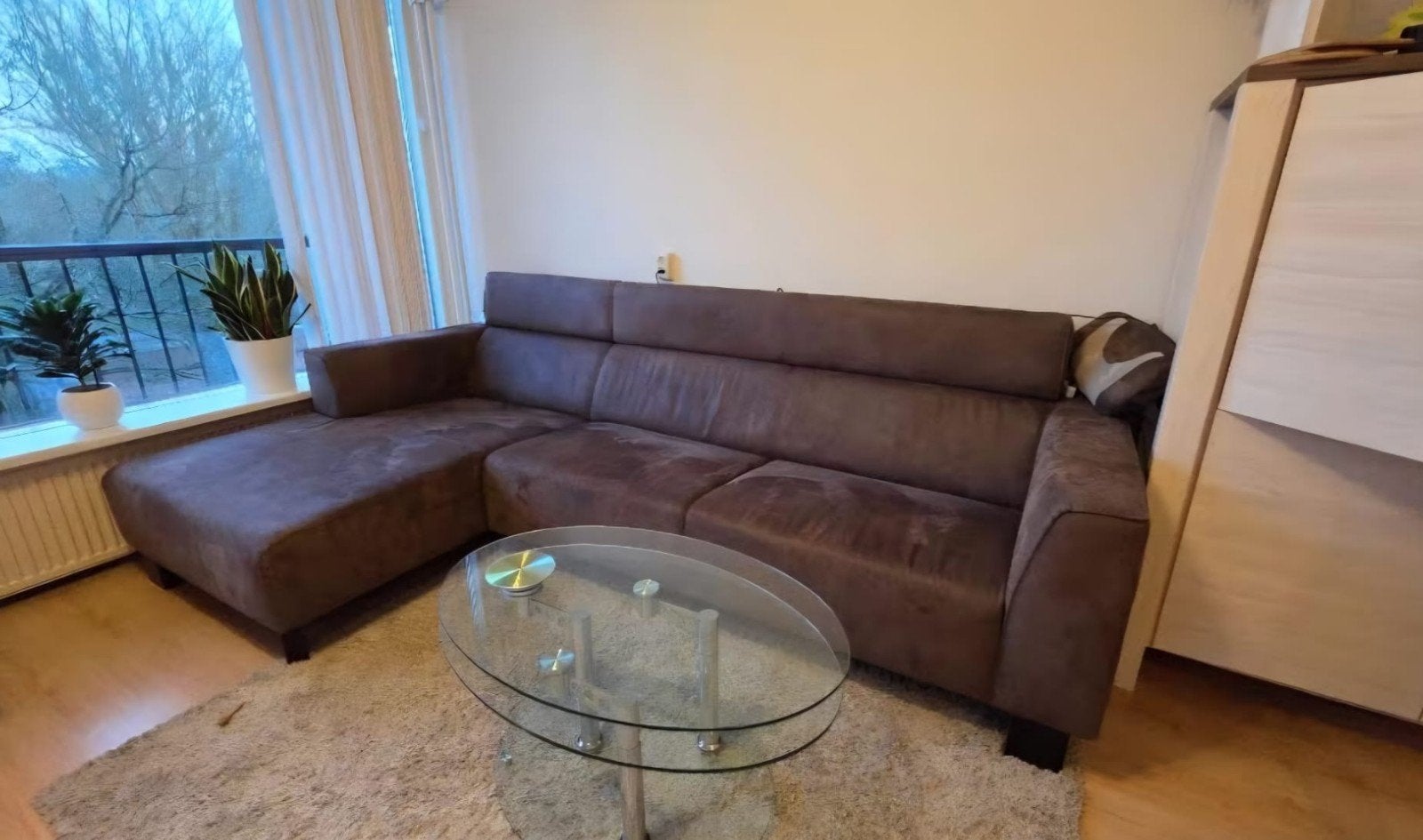 Bruine microleder Leren Hoekbank met Loungegedeelte, Huis en Inrichting, Banken | Bankstellen, Ophalen, 250 tot 300 cm, Gebruikt