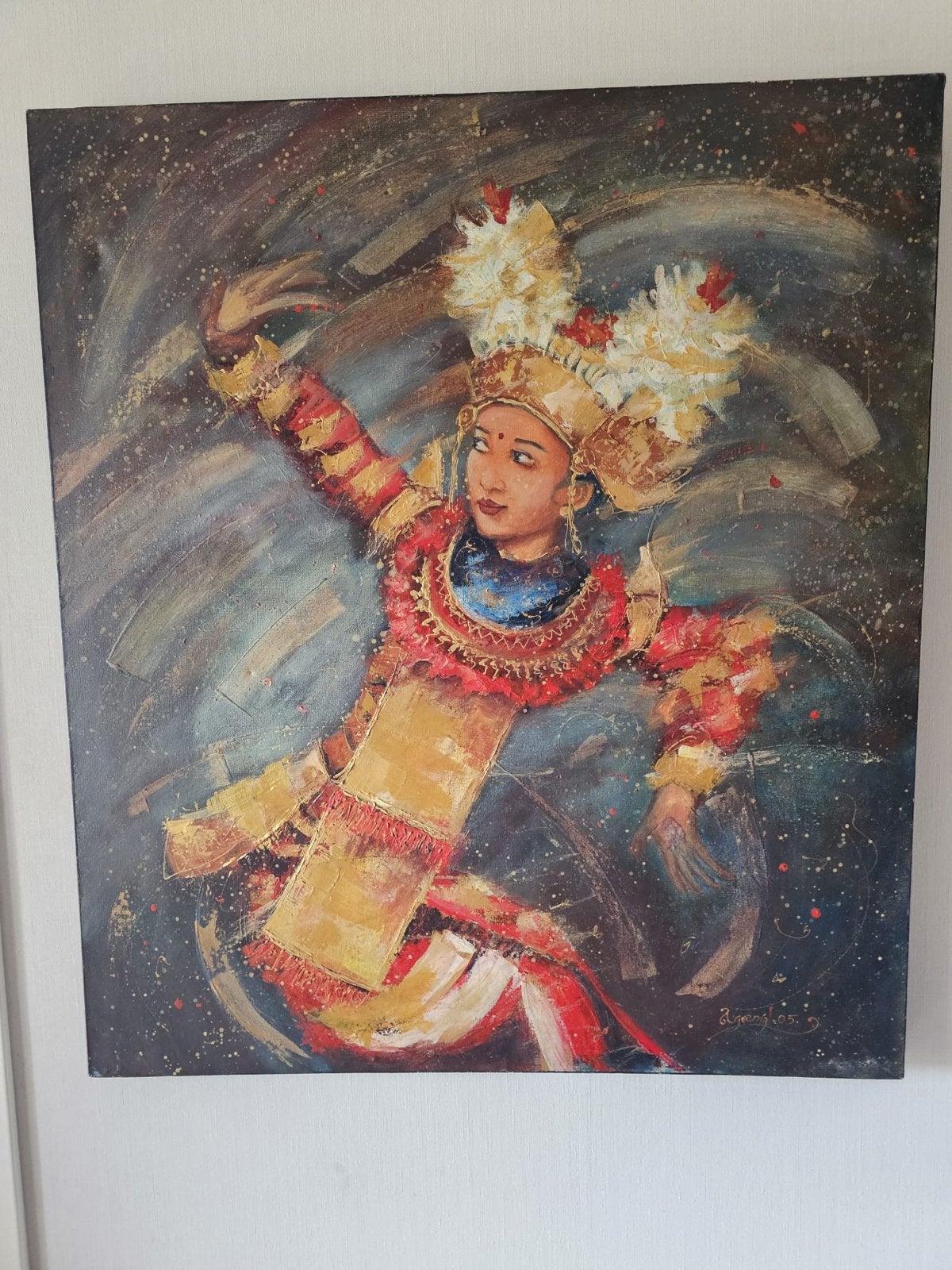 Schilderij Balinese Danseres - Levendige Kleuren, Ophalen, Met textuur, Textiel, Figuren