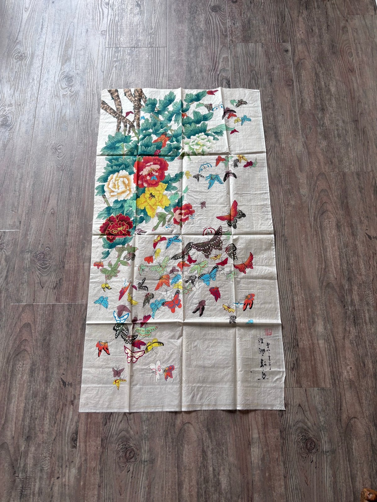 Vintage Chinese zijden schildering met bloemen en vlinders, Antiek en Kunst, Ophalen of Verzenden