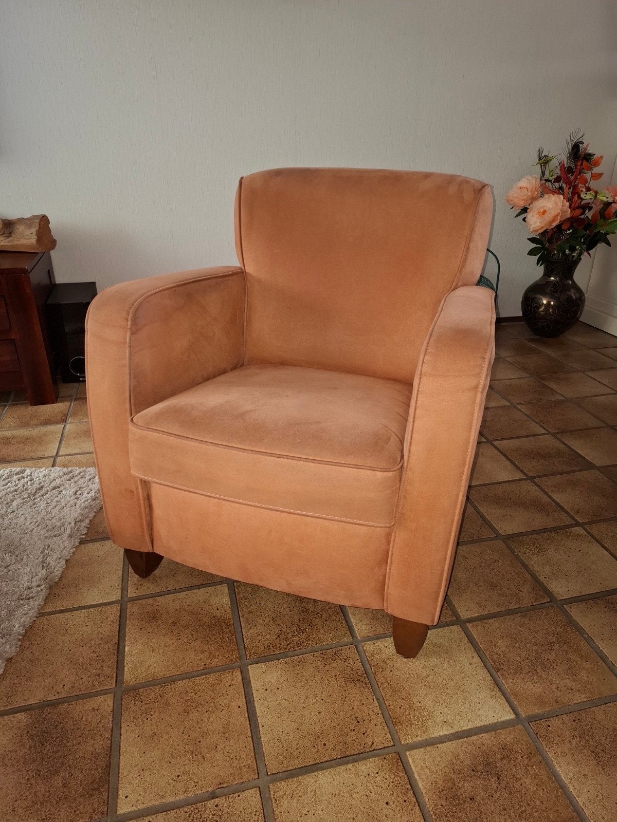 2 mooie fauteuils,  kleur cognac, stijl vinted br.73, Huis en Inrichting, Ophalen, Gebruikt, Minder dan 75 cm, Stof