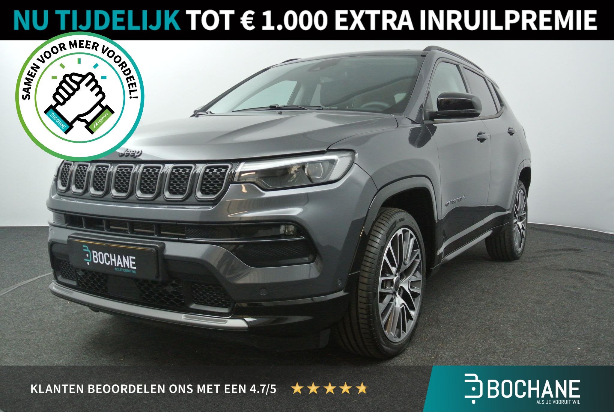Jeep Compass 1.5T e-Hybrid Night Eagle | Leder | Camera | Ca, Auto's, Gebruikt, 4 cilinders, Met garantie (alle), Leder en Stof