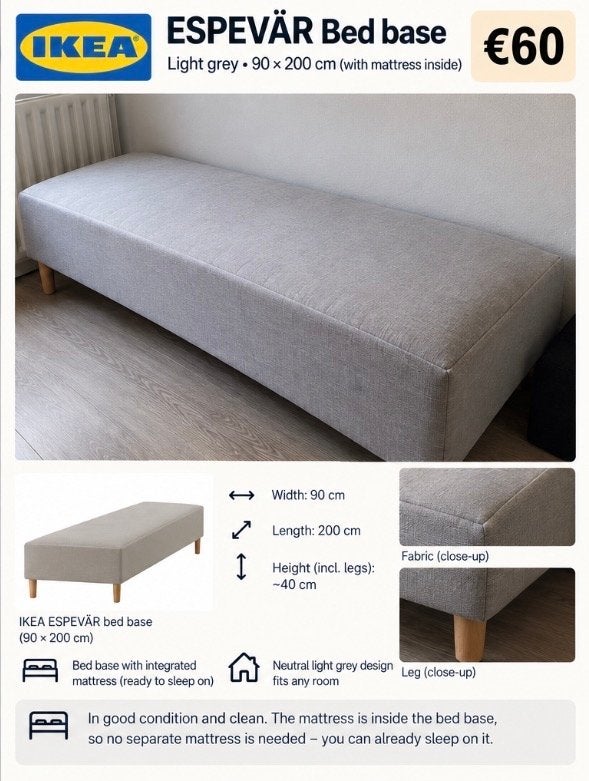 IKEA ESPEVÄR Bedbodem met geïntegreerd matras 90x200cm, Ophalen, 90 cm, Eenpersoons, Zo goed als nieuw