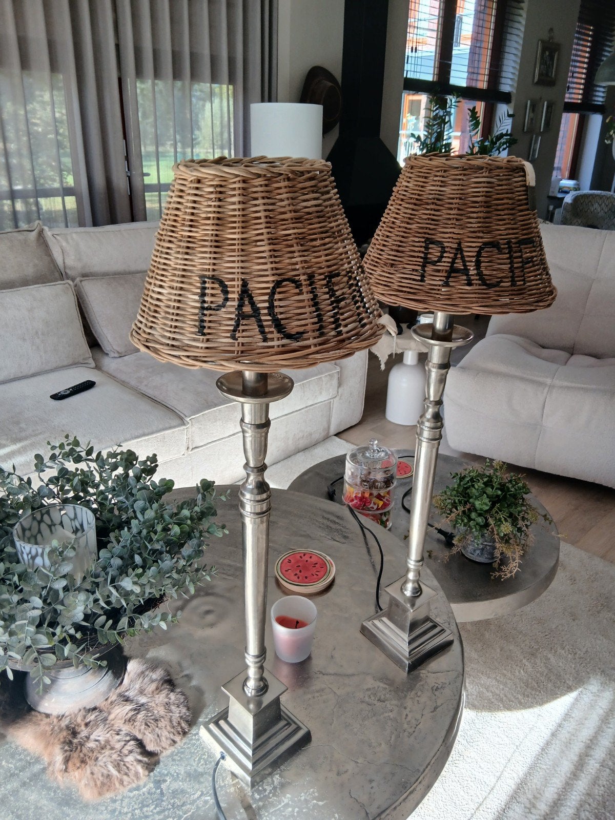 Set van 2 tafellampen  rieten kap 'PACIFIC', 100 tot 150 cm, Ophalen of Verzenden, Zo goed als nieuw, Metaal