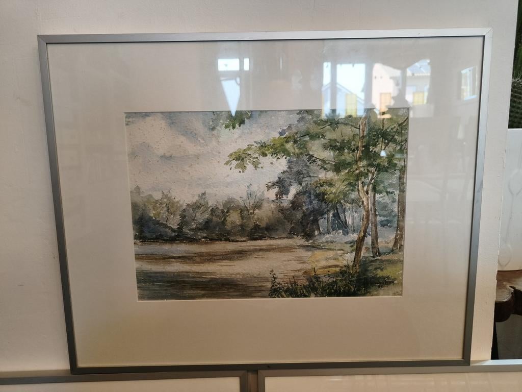 3 ingelijste aquarellen van A H Lambalgen uit 1985, Ophalen of Verzenden