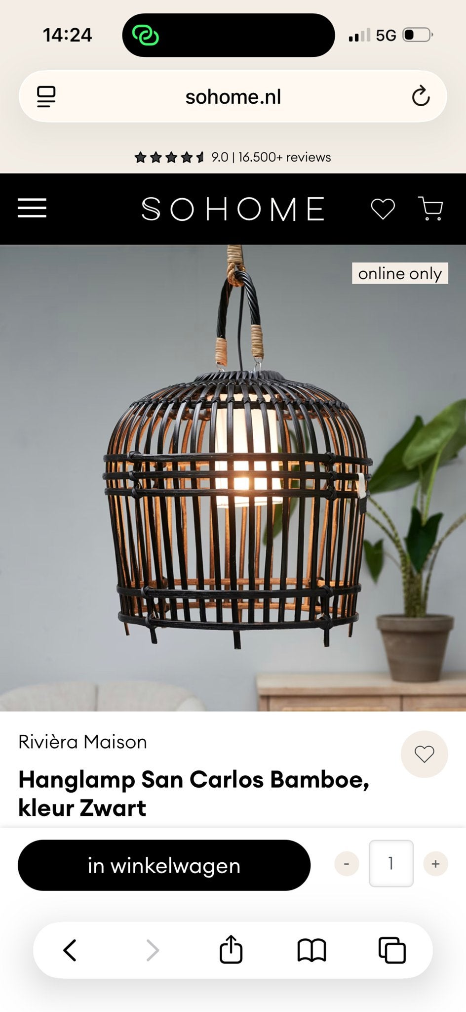 Riviera Maison Hanglamp San Carlos Bamboe Zwart, Ophalen of Verzenden, Nieuw, Natuurlijk materiaal, E27 (groot)