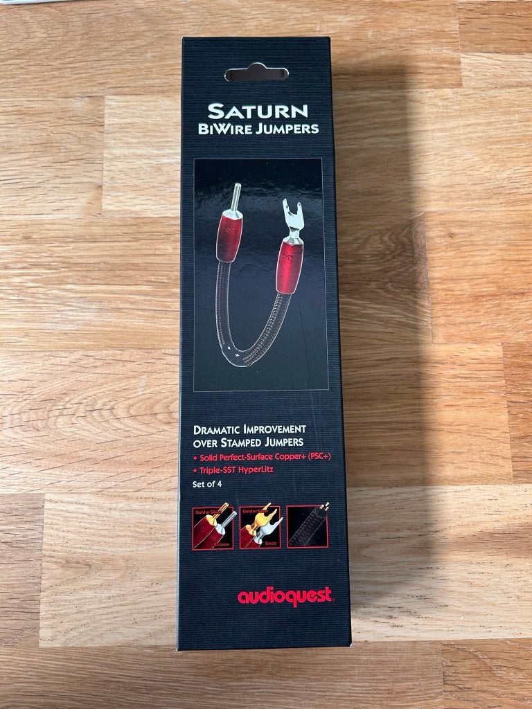 AudioQuest Saturn BiWire Jumpers Gold – ZGAN – compleet, Ophalen of Verzenden, Zo goed als nieuw, Minder dan 2 meter, Luidsprekerkabel