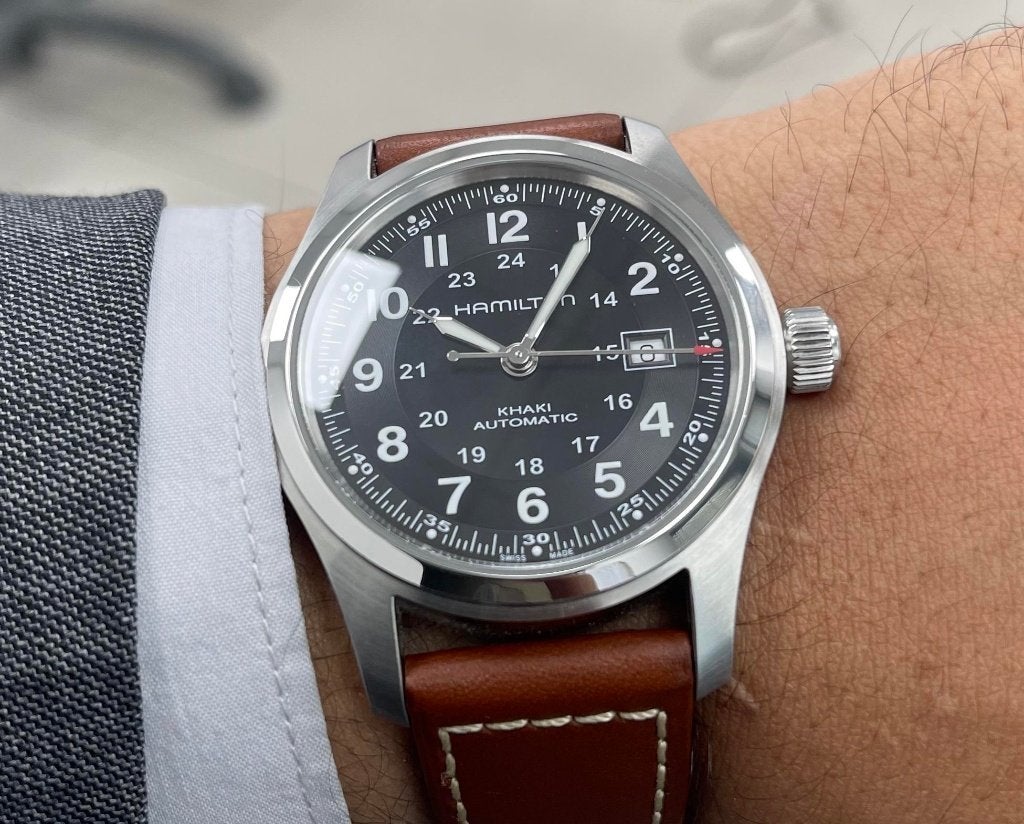 Hamilton Khaki Field Automatic Horloge H70555533, Leer, Staal, Polshorloge, Zo goed als nieuw
