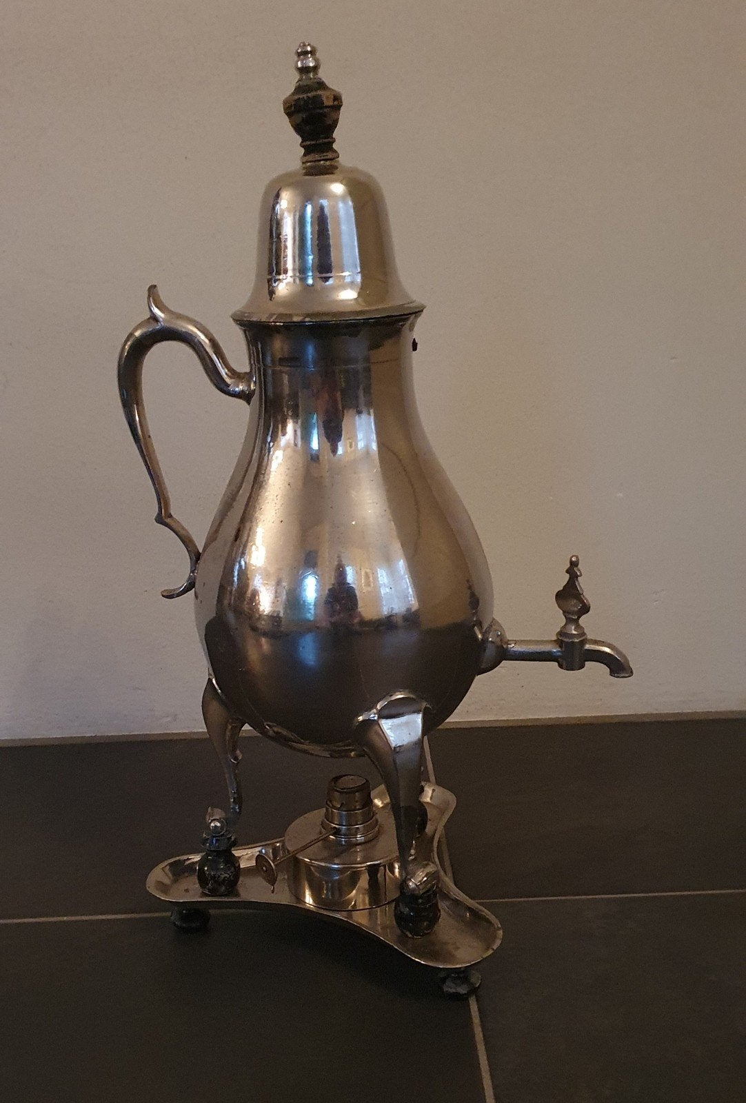 Antieke verzilverde koffiekan met spiritusbrander, Antiek en Kunst, Ophalen