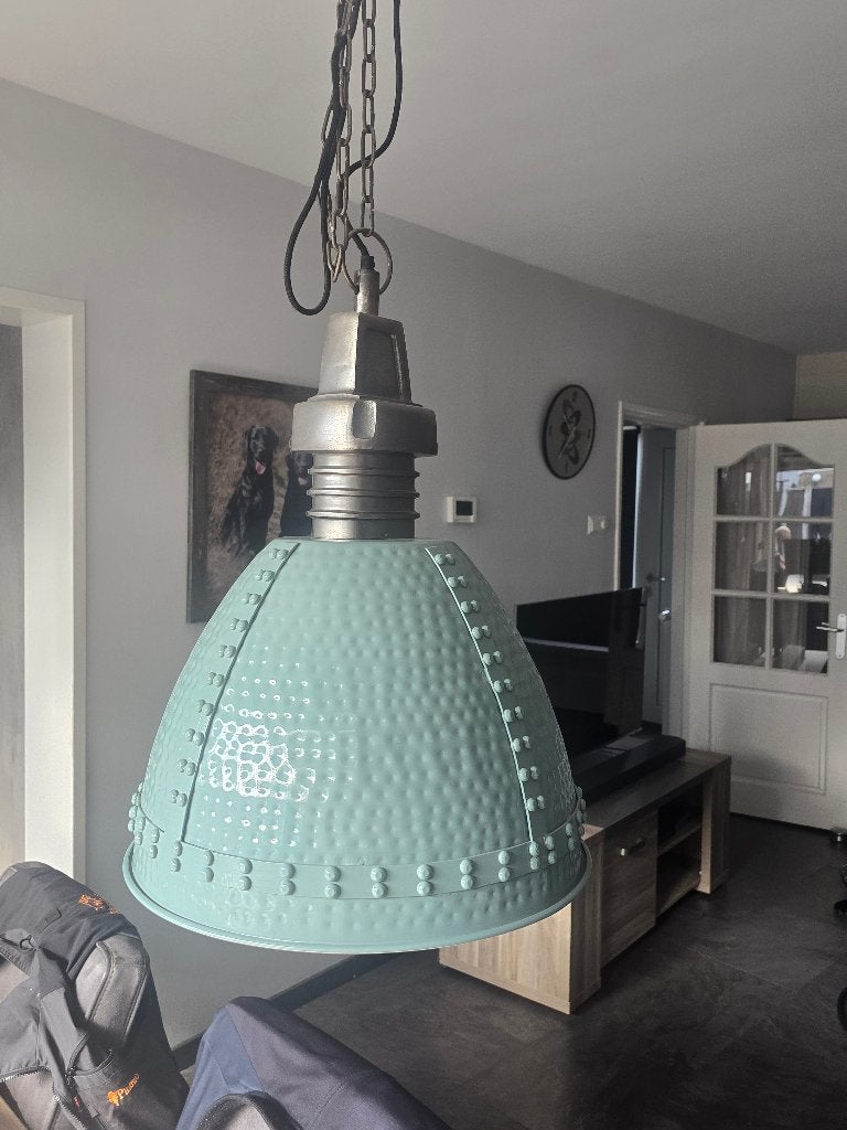 Mooie mint groene industriele hanglamp, Zo goed als nieuw, Metaal, Industrieel, E27 (groot)