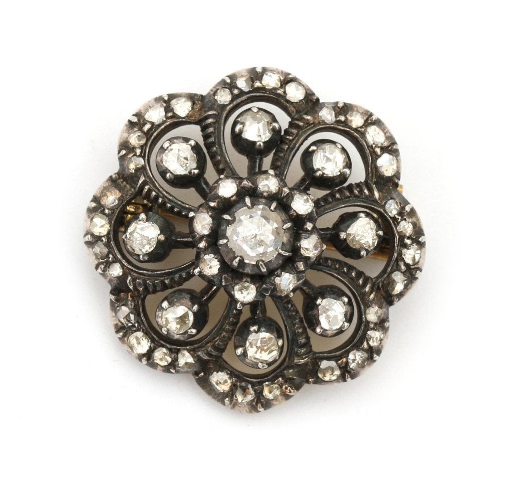 Antiek diamant broche 1930 mooie design goud zilver, Ophalen, Goud, Broche, Met edelsteen