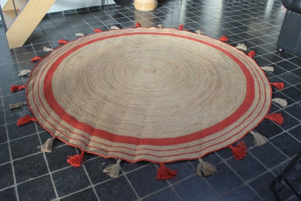 Leuk hip rond vloerkleed Jute naturel rood met franjes Ø240, Rond, Ophalen of Verzenden, 200 cm of meer, Bruin