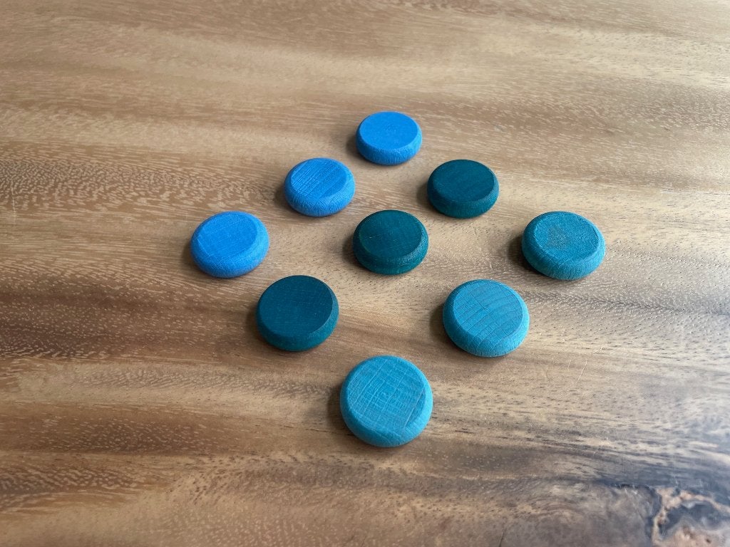 Grapat 9x blauwe houten munten in 3 tinten, Kinderen en Baby's, Speelgoed | Houten speelgoed, NL, Nieuw, Ophalen of Verzenden